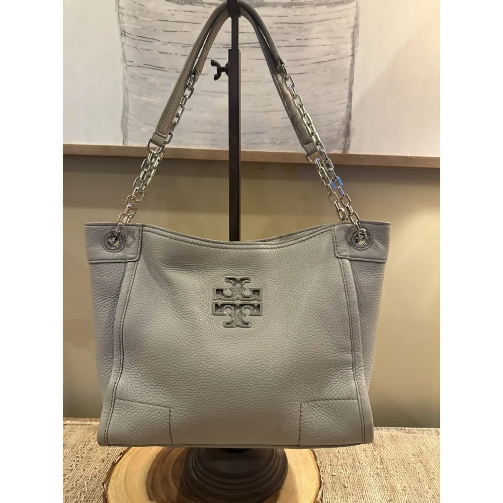 Tory Burch Britten French Grey Shoulder Bag‎ Pebbled Leather Chain Slouchy Tote